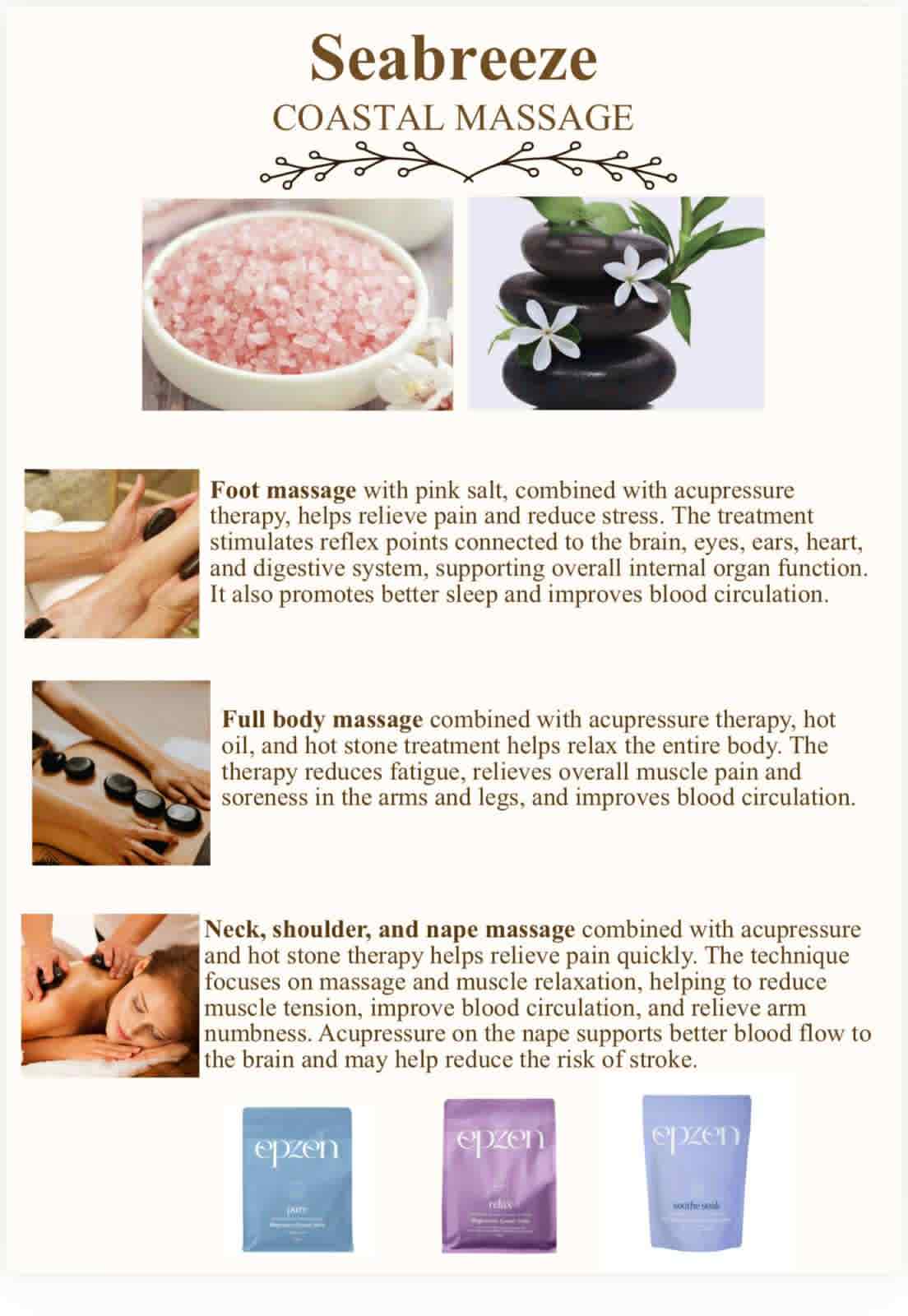 Massage menu and spa visuals for Seabreeze Coastal Massage